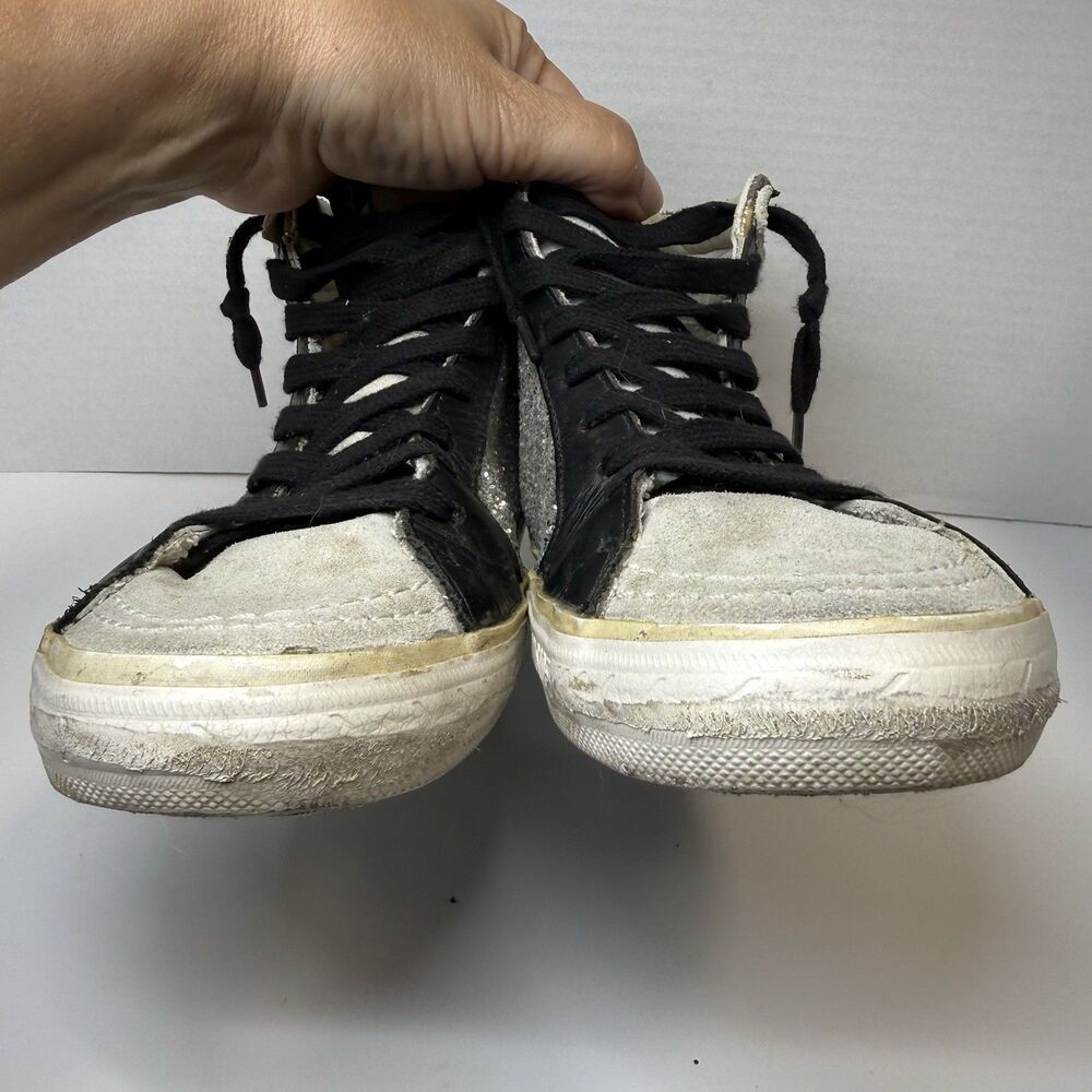 Golden Goose Slide Mid Top Leather Glitter Silver Black Sneakers Sz 8 - Picture 5 of 11